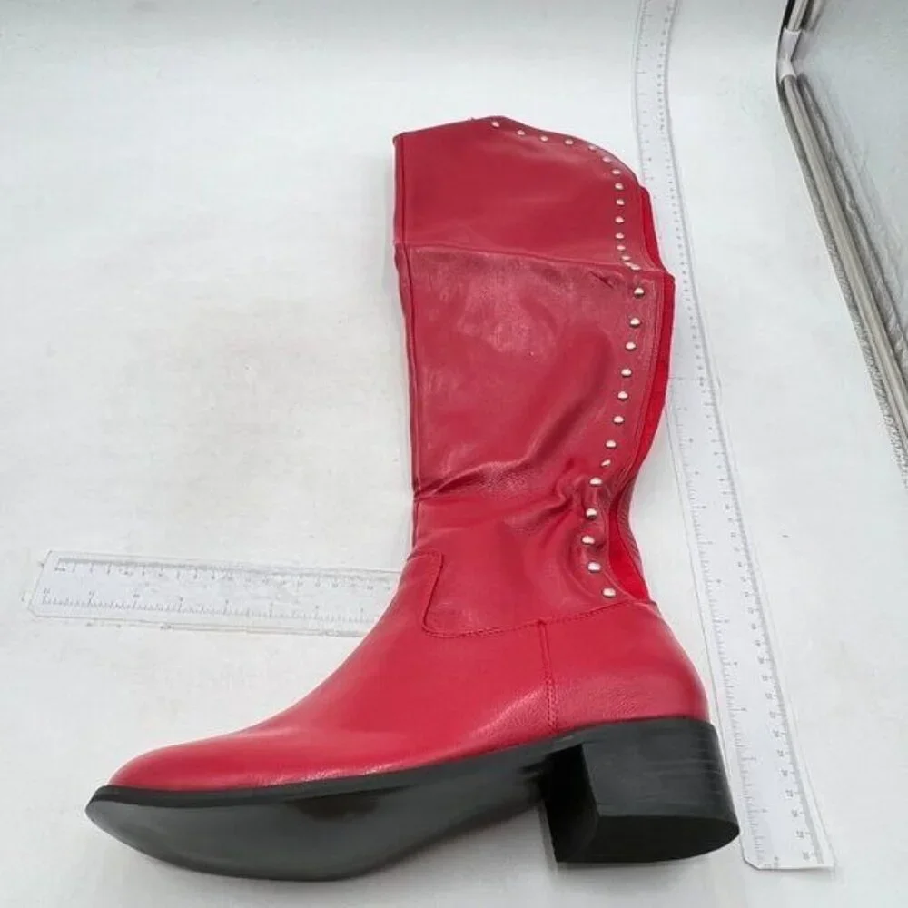 Women Regular Round Toe Flat Riding Knee High Boots Chunky Low Heel Red